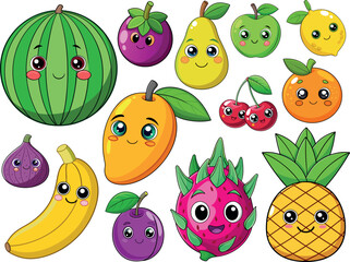 Kawaii fruits characters vector cartoon set