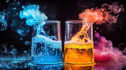 Two glass beakers contain vibrant blue and orange liquids. When mixed, they create swirling clouds of color, showcasing a captivating chemical reaction