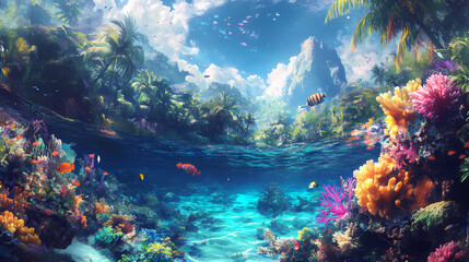 A breathtaking painting of a paradise on earth, depicting a lush, tropical island teeming with vibrant coral reefs. generative ai. Tropical Island. Illustration
