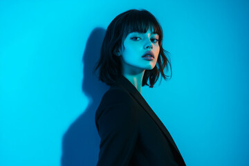 Fashionable Womans Black Suit with Solid Neon Blue Modern Fashion Lifestyle Portrait Background