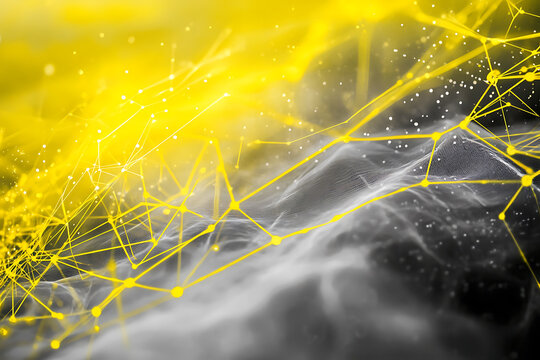 An abstract digital banner featuring a data connection theme in white and yellow colors. 