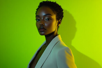Obraz premium Stylish Womans Light Beige Suit with Solid Neon Green High Energy Lifestyle Portrait Background