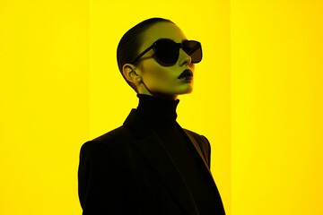 High Energy Womans Black Suit with Solid Neon Yellow Trendsetting Lifestyle Portrait Background