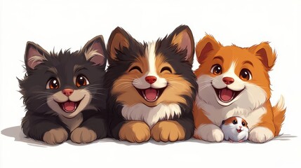 Fototapeta premium Family pets clipart featuring a cat, dog, and hamster on a white background
