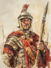 Obraz premium Watercolor illustration of Roman legionnaire holding a spear