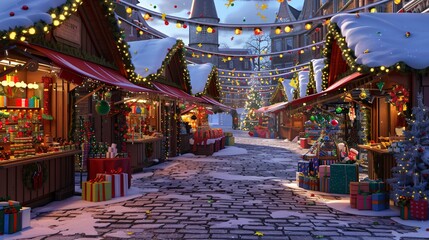 Obraz premium Festive Christmas Market Street with Snow and Decorations