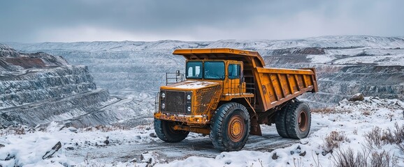 Yellow Mining Dump Truck in Snowy Quarry