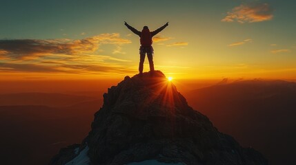 Hiker on the Peak at Sunrise