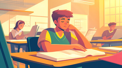 Illustration of a Young Student Sitting in a Classroom, Appearing Distracted, Daydreaming While Studying, Educational Setting with Books and School Materials, Academic Scene, Learning Focus