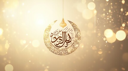 Eid Mubarak Greeting Card with Golden Crescent Moon and Arabic Calligraphy