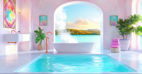 Fototapeta premium Serene bathroom with a stunning ocean view, featuring a modern bathtub, vibrant decor, and peaceful ambiance for relaxation.