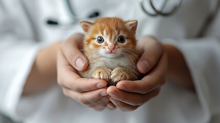 Gentle hands of a veterinarian holding an animal on white background