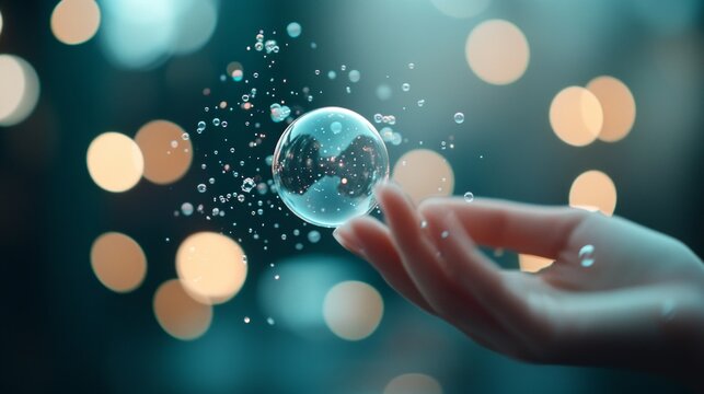 Bubble Artist, an innovative creator conjures shimmering bubbles that explode into a cascade of sparkles, illuminated under soft lights in a minimalist, serene environment