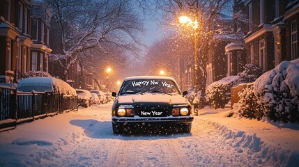 Obraz premium A new car parked under a streetlight, covered in snow, with 