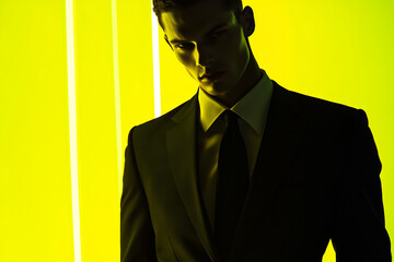 Chic Mens Black Suit with Solid Neon Yellow Contemporary Lifestyle Portrait Background