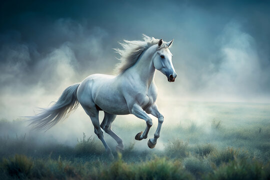 A white horse is running through a field of grass. The sky is cloudy and the air is misty. The horse's mane is blowing in the wind, creating a sense of movement and freedom