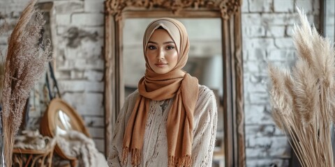 A woman wearing a headscarf stands in front of a