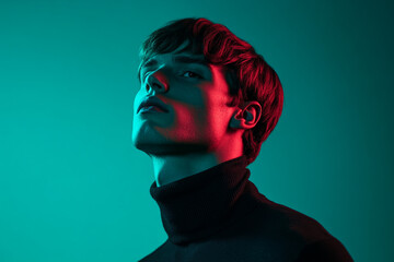 Fashionable Mens Black Turtleneck with Solid Neon Teal High Energy Fashion Lifestyle Portrait Background