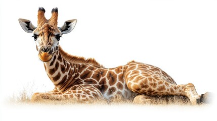 Obraz premium Giraffe in a resting position, emphasizing its unique body shape on a white background