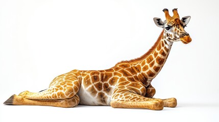 Obraz premium Giraffe sitting down with its neck curved elegantly on a white background