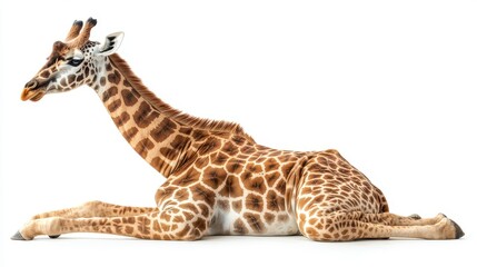 Obraz premium Giraffe sitting down with its neck curved elegantly on a white background