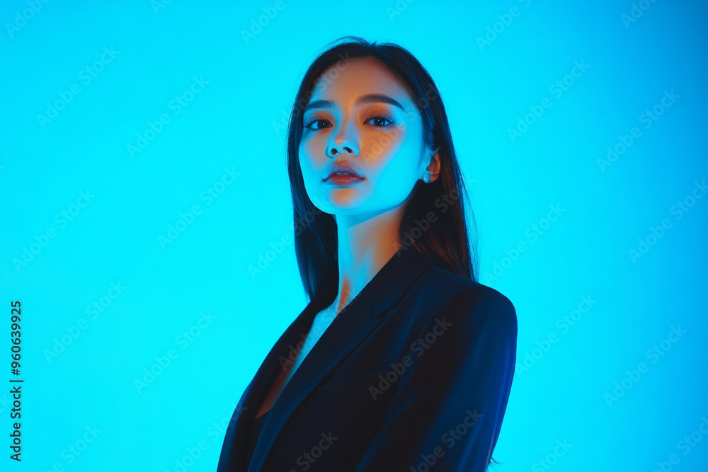 Wall mural Fashionable Womans Black Suit with Solid Neon Blue High Energy Lifestyle Portrait Background