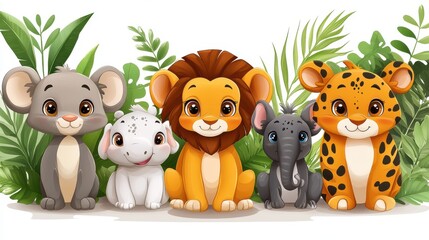 Naklejka premium Group of cute safari animals on white background