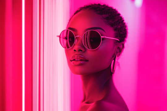 Portrait of a woman wear suit and sunglass in pink background
