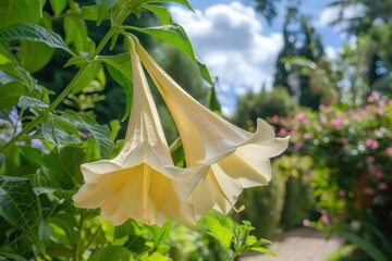 Tropical flower Brugmansia Versicolor Datura Angel s Trumpet in summer garden