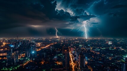 Intense lightning striking over a city during a storm