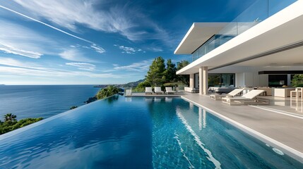 Fototapeta premium Architectural Masterpiece Luxury Villa with Infinity Pool Perched Atop Dramatic Seaside Cliffs