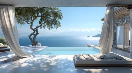 A photorealistic 3D render of a luxurious Greek-style villa with an infinity pool 