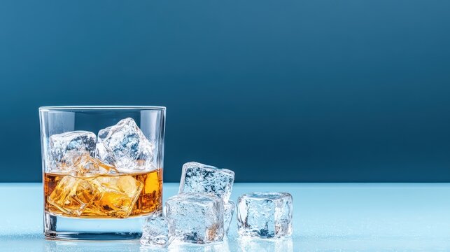 A glass of whiskey on the rocks with ice cubes, set against a blue background, perfect for beverage advertisements.