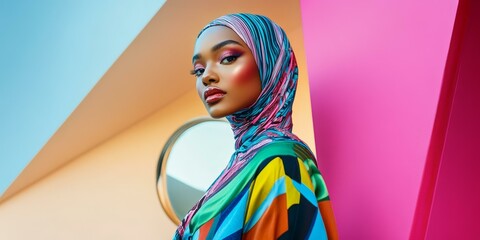 Naklejka premium Woman in colorful hijab against pink and blue wall.