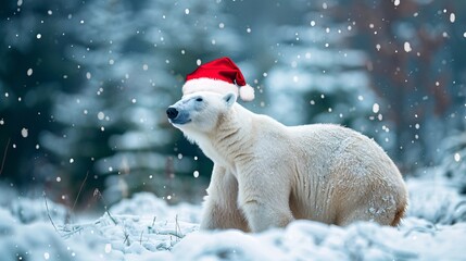 Fototapeta premium Polar Bear Wearing Santa Hat in Winter Wonderland
