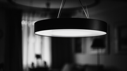 Blurry circular pendant lamp in room with dim gray light, black and white.