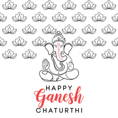 A single line drawing of Hindu lord Ganesh with a happy ganesh chaturthi text written on abstract background, graphic design illustration wallpaper 