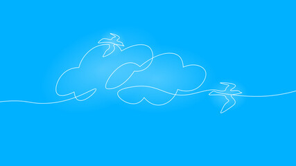  Continuous one line art cloud sky and birds. Nature peaceful landscape. Hand drawn sketch monochrome vector illustration