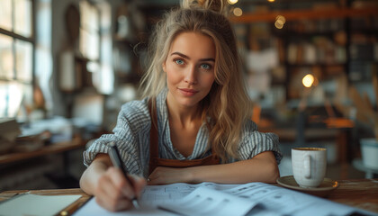 Close up table of young, attractive, smart accountant. Woman Working with documents, calculate budget