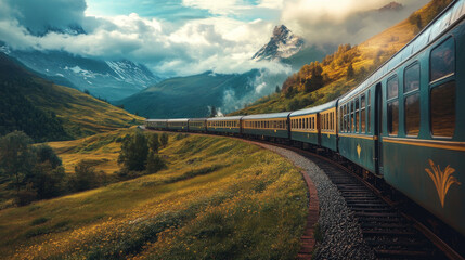 Create an image that captures the essence of train travel, highlighting the beauty, nostalgia, and adventure of journeys by rail. Consider the following elements