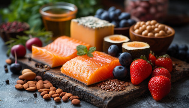 Keto food for ketogenic and cholesterol diet healthy eating. Nuts, red fish, berries, sushi, cheese on wood desk