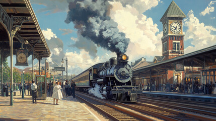 Depict a bustling train station, with passengers boarding, disembarking, or waiting for their trains, capturing the energy and anticipation of travel. 