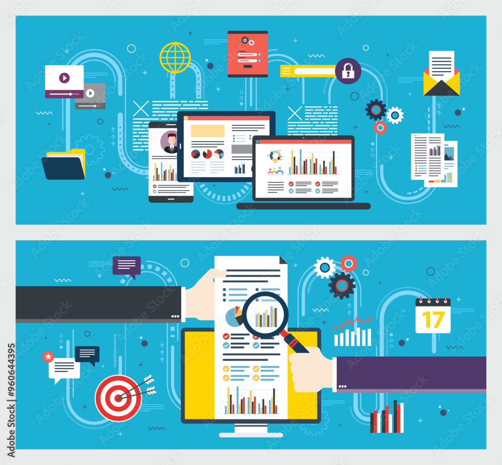 Wall mural flat icon set design in internet banner template with concept of planning, strategy and goals in bus
