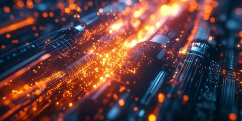 Obraz premium Abstract tech background with glowing orange particles.