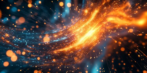 Orange and blue lights swirl in the dark.