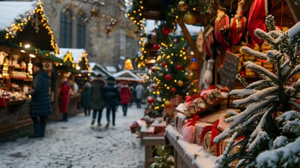 Obraz premium Festive Christmas Market with Snow Covered Fir Tree and Gifts