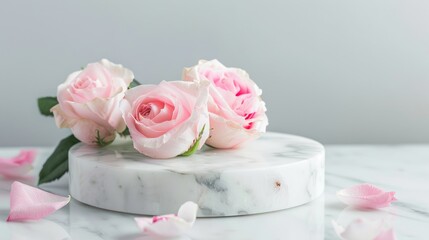 Marble podium with pink roses on white background for showcasing body care products.