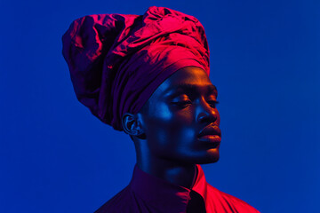 Burgundy Head Wrap with Solid Neon Blue Elegant Lifestyle Portrait Featuring a Man in a Burgundy Head Wrap Against a Neon Blue Background