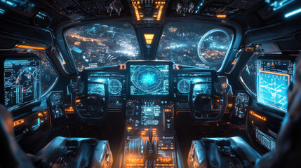 Depict a high-tech cockpit with digital displays, augmented reality controls, and advanced autopilot systems. Show the pilots interacting with holographic interfaces and real-time data displays.