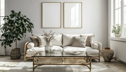 Fototapeta premium White Sofa with Wooden Frame in a Modern Living Room